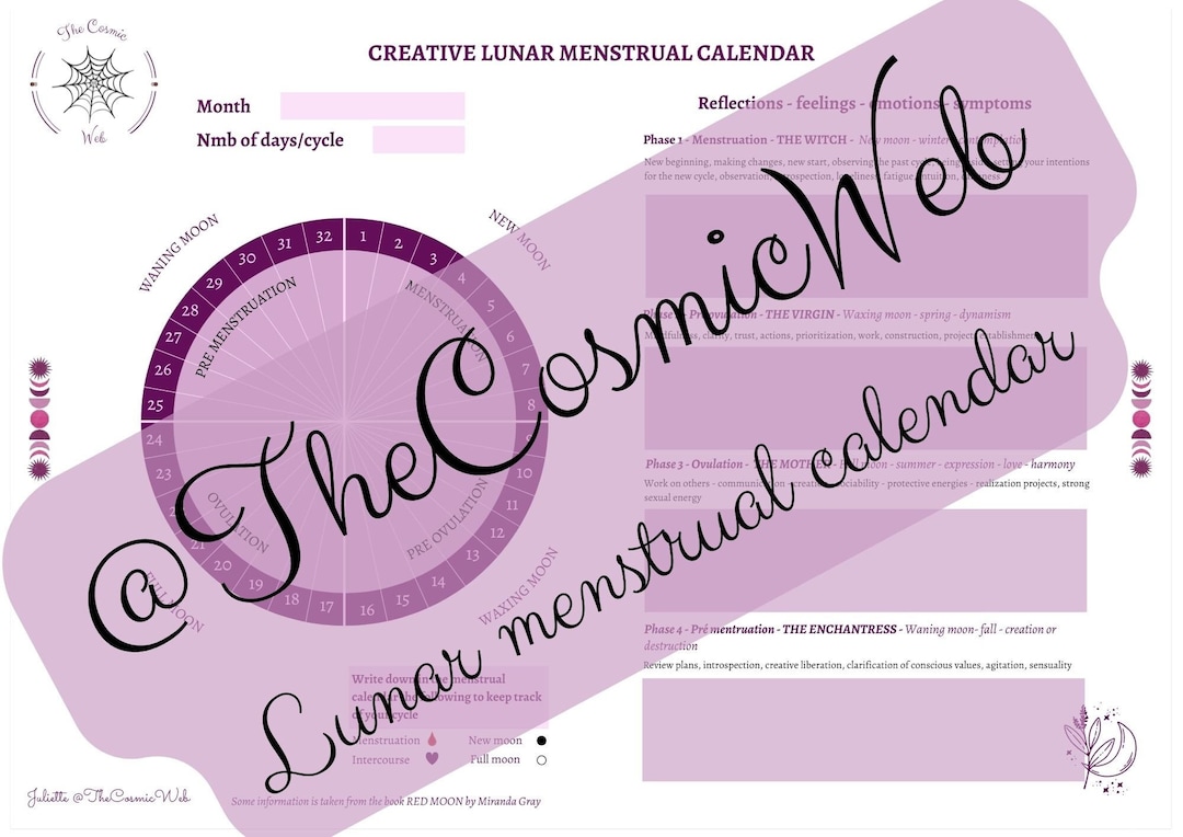 Printable Digital Lunar Menstrual Calendar Lunar Cycle Etsy