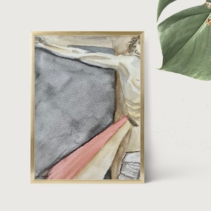 May include: A watercolor painting of a person on a cross. The painting is done in shades of gray, pink, and yellow. The background is a dark gray.