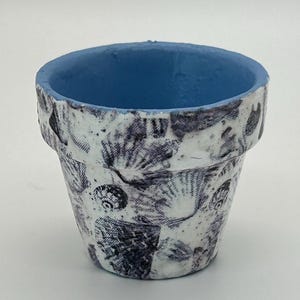 May include: A small, tapered plant pot with a light blue interior. The exterior surface is white and features a repeating dark blue or black graphic print of various seashells, including scallops and spiral shells, covering the entire outer wall.