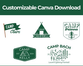 5 customizable bachelorette party logos for print, merch, or decorations. Canva template