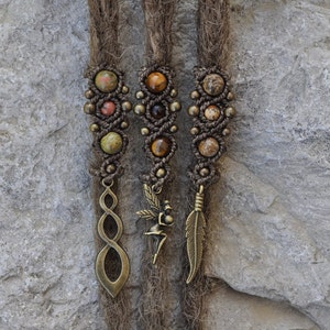 Brown macrame dread bead with gemstone and brass beads with pendant / dread jewelry / dread bead / Rasta / Macramé