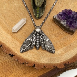 Stainless steel necklace with skull moth Death's Head Hawkmoth Acherontia silver Gothic Punk