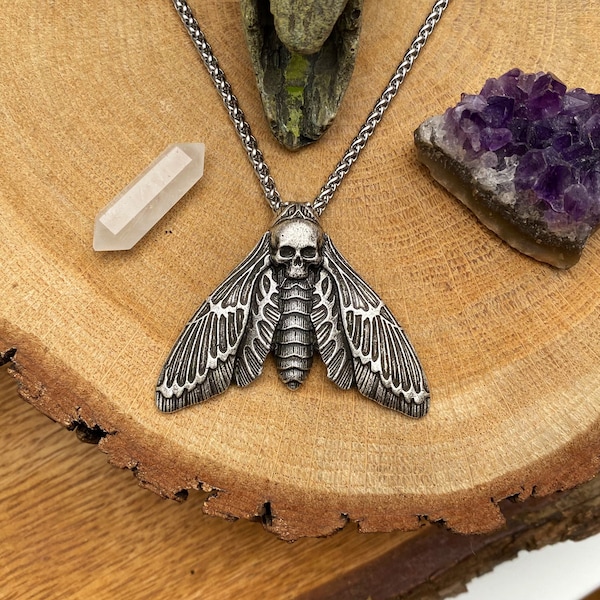 Edelstahl Kette mit Totenkopfschwärmer Death's Head Hawkmoth Acherontia silber Gothic Punk