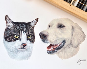Custom Pet Portrait | Multiple Pets | Hand Drawn Coloured Pencil Pet Commission | Dog Lover Gift | Cat Lover Gift | Dog Home Decor