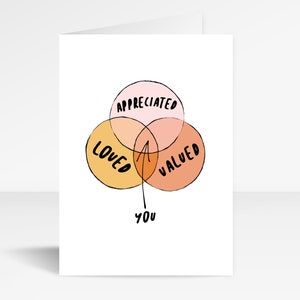 Diagrama de Venn amado, avaliado & apreciado Cartão Comemorativo | Dia das Mães | Dia de Galentines Cartão Comemorativo | melhor amigo cartão comemorativo | Cartão de aniversário | Cartão de agradecimento