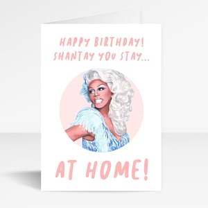 Cartão de aniversário da arrancada de RuPaul de <br> Entrega Rápida? Shantay você fica em casa | cartão desenhado à mão | Aniversário de bloqueio | RPDR | Aniversário Covid