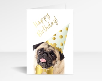 Pug Birthday Card | Gold Foil | Cute Pug Card | Dog Birthday | Dog Party | Dog Party Hat | August September Birthday