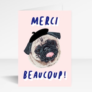 Biglietto di ringraziamento per carlino / disegnato a mano / Merci Beaucoup! / Biglietto carino per carlino