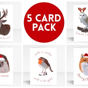 Pack de cartes de Noël Pour animaux d’hiver | Cartes de Noël dessinées à la main | Pack de 5 cartes | | festifs de la faune Fox, Cerf, Hibou, Hérisson, Cartes Robin