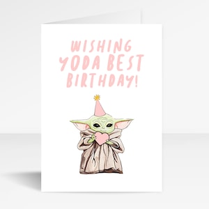 Karta urodzinowa Baby Yoda | Ręcznie rysowany Mandalorian The Child | Karta urodzinowa Star Wars A6 | Urodziny maj czerwiec lipiec sierpień | Urocza zabawna karta