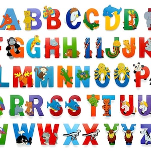Letras do alfabeto de animais da selva de madeira personalizadas para porta de parede do quarto