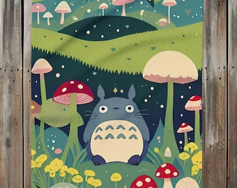 Cottagecore Anime Blanket - Mushrooms Design - 3 Sizes - Arctic Fleece