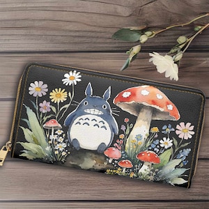 Portefeuille à glissière champignon Anime - Adorable accessoire aquarelle pour un usage quotidien et un cadeau, noir