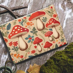 Cottagecore Accessory Pouch, Makeup Bag, Pencil Case-Floral Mushrooms