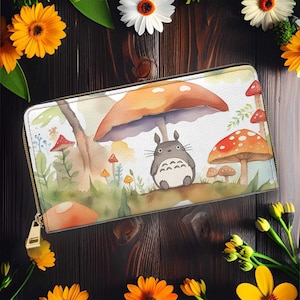 Carteira com zíper de cogumelo anime – lindo acessório aquarela para uso diário e presentes