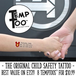 May include: A child safety tattoo with the text "TEMP Too" and "The Child Safety Tattoo" in black text on a white circle. The tattoo also includes a red and yellow Iron Man character and the text "Christopher Smith", "Mom 321-555-1233", and "Dad 321-555-1234". The text "THE ORIGINAL CHILD SAFETY TATTOO" and "BEST VALUE ON ETSY! 8 TEMPTOOS™ FOR $10.99" is also included.