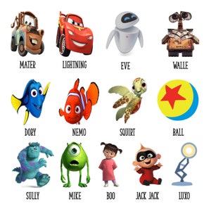 Puede incluir: Una ilustraci&oacute;n colorida con personajes populares de Disney Pixar, incluyendo Mater, Rayo McQueen, Eva, Wall-E, Dory, Nemo, Squirt, la pelota roja y azul, Sully, Mike, Boo, Jack-Jack y Luxo Jr.
