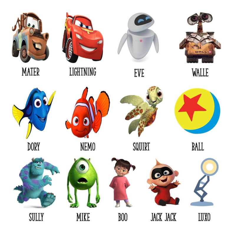 Puede incluir: Una ilustraci&oacute;n colorida con personajes populares de Disney Pixar, incluyendo Mater, Rayo McQueen, Eva, Wall-E, Dory, Nemo, Squirt, la pelota roja y azul, Sully, Mike, Boo, Jack-Jack y Luxo Jr.