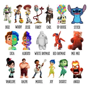 Puede incluir: Un collage de personajes de dibujos animados populares de las pel&iacute;culas de Disney y Pixar, incluyendo Buzz Lightyear, Woody, Jessie, Forky, Carl, la casa de Up, Stitch, Luca, Alberto, Baymax blanco, Baymax rojo, Mei Mei, Vanelope, Ralph, Miguel, Alegr&iacute;a, Asco y Furia.