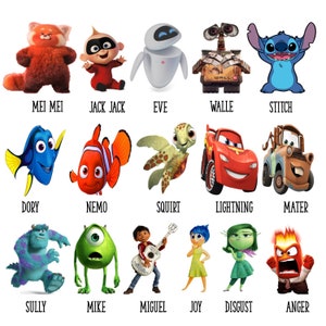 Puede incluir: Un collage colorido de personajes de dibujos animados populares de las pel&iacute;culas de Disney y Pixar, incluyendo Dory, Nemo, Sully, Mike, Rayo McQueen, Mate, Wall-E, Eva, y m&aacute;s.