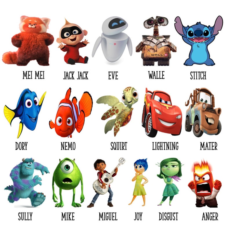 Puede incluir: Un collage colorido de personajes de dibujos animados populares de las pel&iacute;culas de Disney y Pixar, incluyendo Dory, Nemo, Sully, Mike, Rayo McQueen, Mate, Wall-E, Eva, y m&aacute;s.