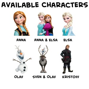 May include: A collage of six images featuring characters from the animated film Frozen. The characters include Anna, Elsa, Olaf, Kristoff, Sven, and Anna and Elsa together. The images are arranged in a grid with the character's names written below each image.