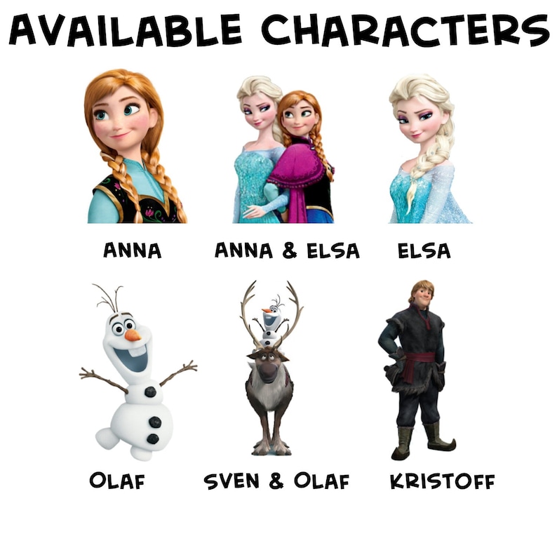 May include: A collage of six images featuring characters from the animated film Frozen. The characters include Anna, Elsa, Olaf, Kristoff, Sven, and Anna and Elsa together. The images are arranged in a grid with the character's names written below each image.