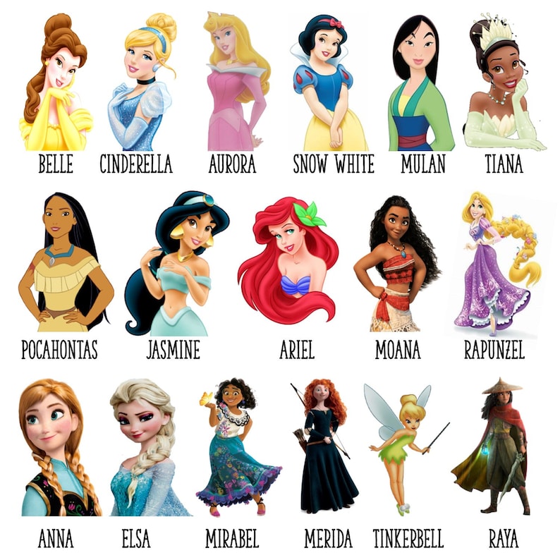 Puede incluir: Un collage de 16 personajes de princesas Disney, incluyendo Belle, Cenicienta, Aurora, Blancanieves, Mulan, Tiana, Pocahontas, Jasmine, Ariel, Moana, Rapunzel, Anna, Elsa, Mirabel, M&eacute;rida, Campanita y Raya.