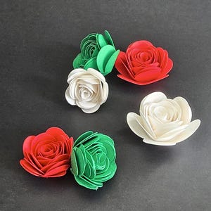 Handmade Tiny Paper Roses: Red, Green & White Embellishments, Handcrafted Paper Flowers, Shadow Box Decor DIY