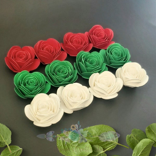 Red, Green and White Tiny Paper Rolled Roses, Variety of Sizes, Embellishments, Scrapbooking, Bridal Shower Boxes, Graduation Cap Decoration