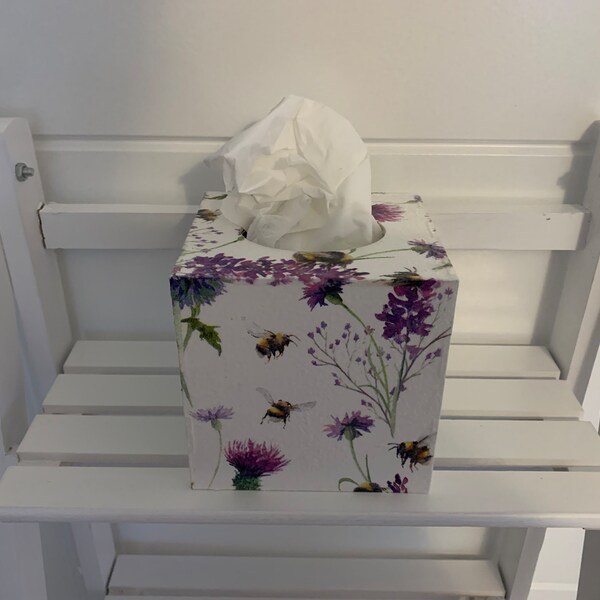 Free P&P Hand decorated wooden tissue box holder thistles and bees