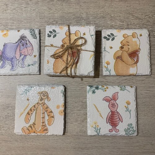 Free P&P Hand painted and decoupaged slate coasters pack of 4 Winnie the Pooh, Tigger, Piglet and Eyore, tableware, gift