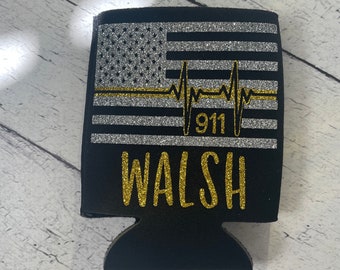 Personalized 911 Dispatcher Coozie - Thin Gold Line, American Flag