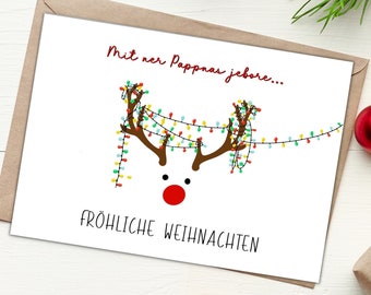 Kölsche Weihnachtskarte mit Rudolf für Jecken, Weihnachtskarte kölscher Rudolf, Weihnachtspost Rentier mit Lichterkette, lustige Postkarte