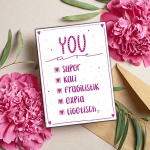Du bist ... superkali... toll! Karte | unaussprechliches M P.oppins Kompliment | Postkarte Motivation