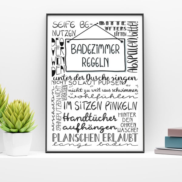 Badezimmer Regeln als lustiges Toiletten Poster, mit verschiedenen Handletterings gestaltet