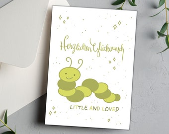 Birth card LITTLE AND LOVED with a cute caterpillar | Baby card | Birth congratulations card | Baby card in green