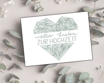 Hochzeitskarte mit zartem geometrischen Herz salbei | Glückwunschkarte Hochzeit | Hochzeit Glückwunschkarte