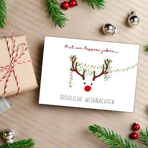 Kölsche Weihnachtskarte mit Rudolf für Jecken, Weihnachtskarte kölscher Rudolf, Weihnachtspost Rentier mit Lichterkette, lustige Postkarte