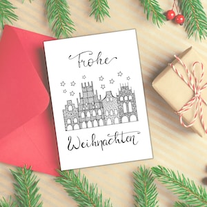 Weihnachtskarte Häuser, Weihnachtspost, Weihnachtskarte Münster, Karte Weihnachten, Klappkarte Frohe Weihnachten, Karte Prinzipalmarkt