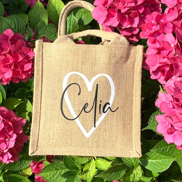 Mini Jutetasche mit individuellem Aufdruck, personalisiert mit Name und Herz, Geschenk Geburtstag Jahrestag, schöne Geschenkidee