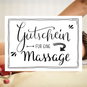 Könnte beinhalten: Ein schwarz-weißes druckbares Geschenkgutschein für eine Massage. Der Text lautet "Gutschein für eine Massage".