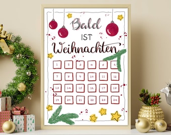 Calendrier de l'Avent | Calendrier de Noël | Fichier PDF à imprimer | Affiche compte à rebours de Noël | Affiche de Noël | Avent