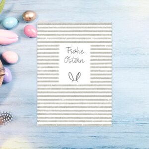 Grußkarte zu Ostern, Osterkarte mit grauen Streifen, liebe Ostergrüße versenden, Postkarte, Grüße zu Ostern per Karte, schlichte Streifen