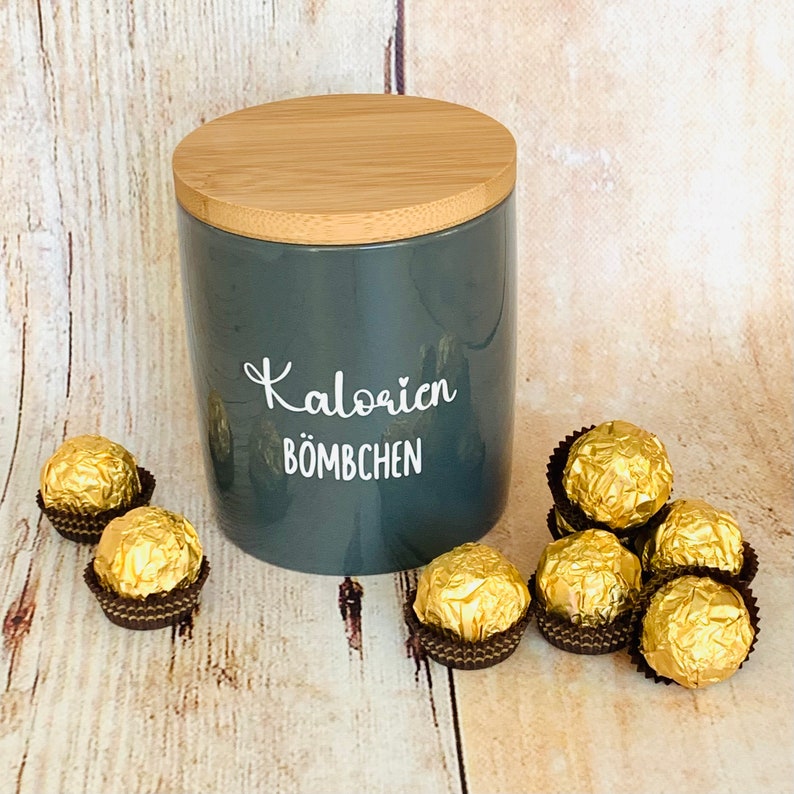 Porcelain box as a personal gift with a funny print Storage jar personalized Birthday gift Housewarming gift Kalorienbömbchen