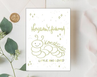 Personalized birth card with name and date of birth | Congratulations card birth cute caterpillar | Baby card in green