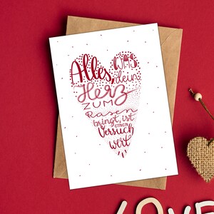 Postkarte zum Valentinstag, Jahrestag, Jubiläum, Hochzeit, zur Motivation, Valentinskarte, Herzrasen, mit Handlettering in Herzform