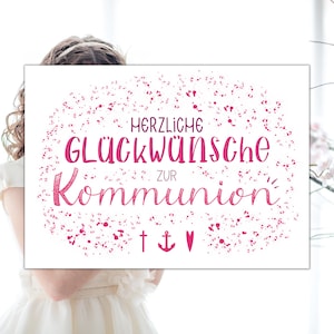 Kommunion Karte in pink oder türkis, moderne Glückwünsche zur Kommunion, für Jungs oder Mädchen zur Ersten heiligen Kommunion, Doppelkarte