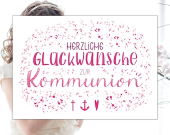 Kommunion Karte in pink oder türkis, moderne Glückwünsche zur Kommunion, für Jungs oder Mädchen zur Ersten heiligen Kommunion, Doppelkarte