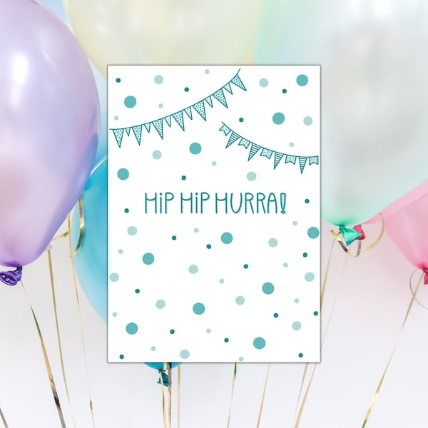 Glückwunschkarte zum Geburtstag oder Anlässen zum Feiern mit Hip Hip Hurra Lettering, mit Handlettering, Postkarte, C6